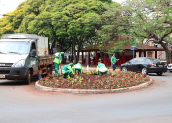 Serviços de paisagismo com plantio de flores na área central