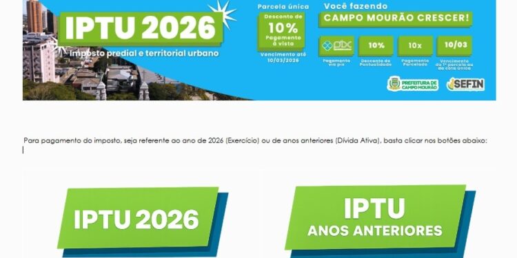 Boletos para pagamento do IPTU 2026 pela internet já estão disponíveis